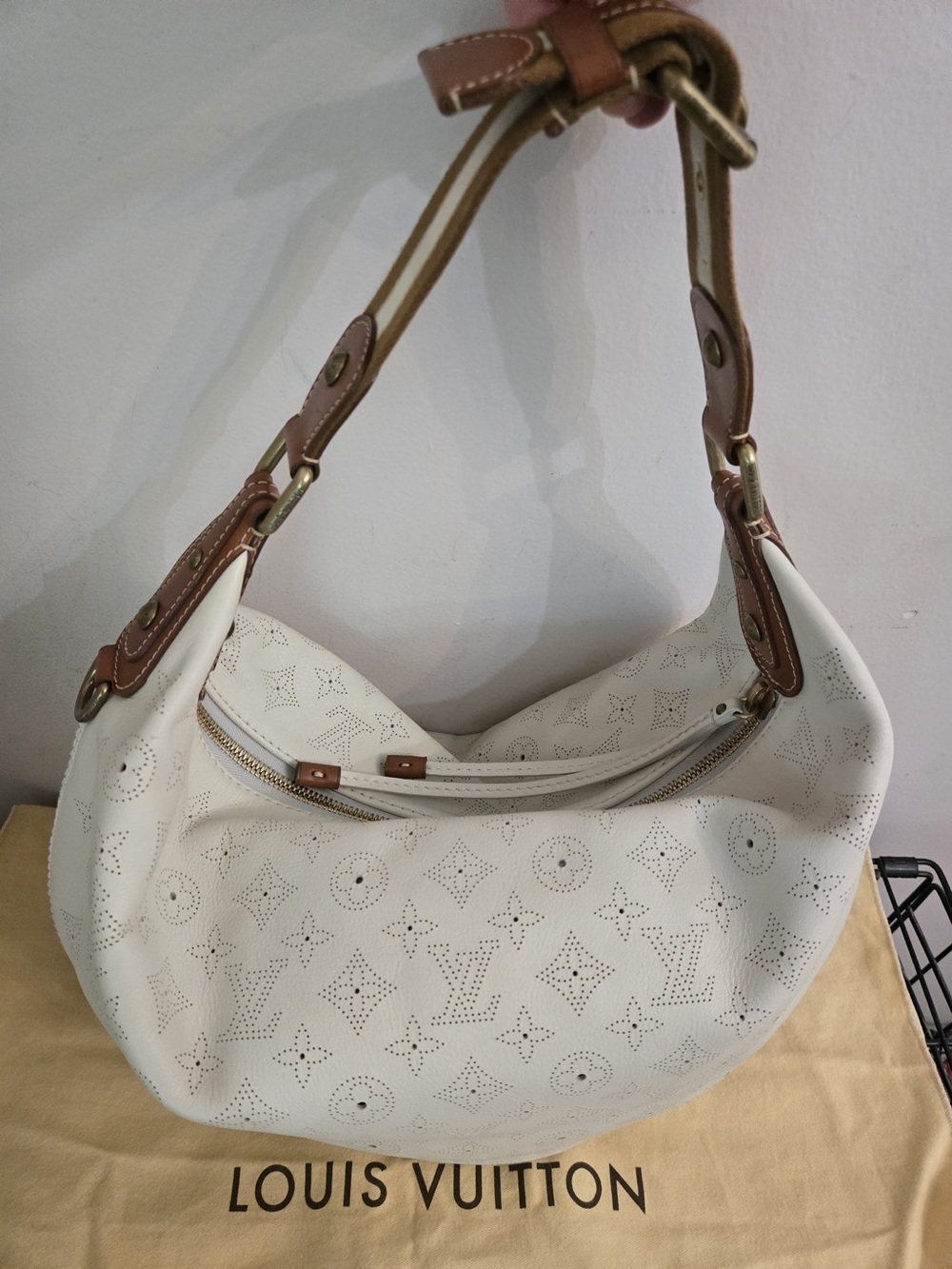 Louis Vuitton White Perforated Leather Shoulder Bag with Tan Straps